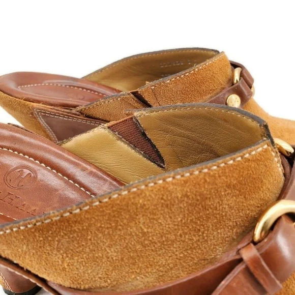 Cole Haan Tan Suede & Brown Leather Gold Buckle Strap Slide-On Mid Heel Mules - Picture 8 of 15